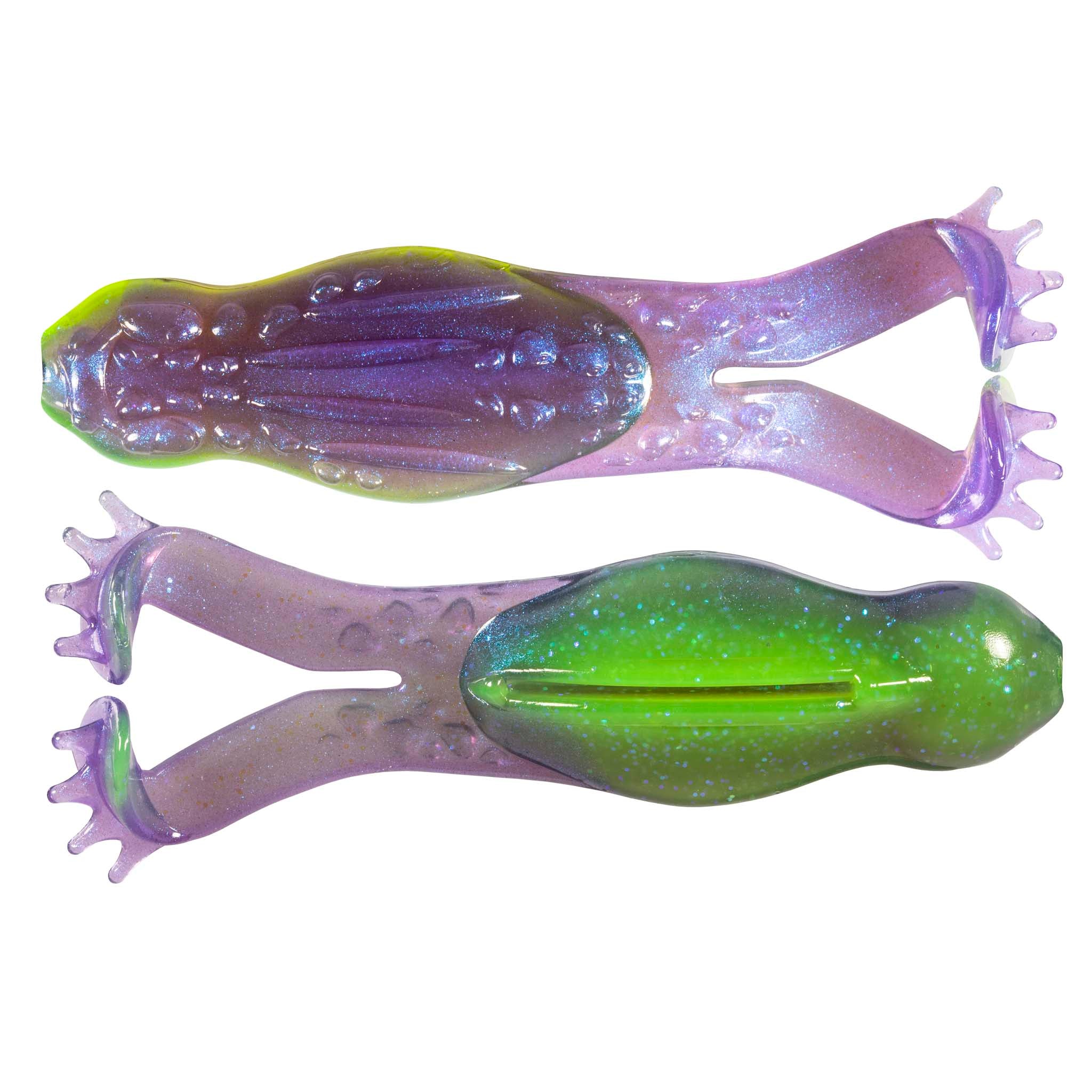Purple and green glitter soft plastic fishing lure set with split tail and nubs