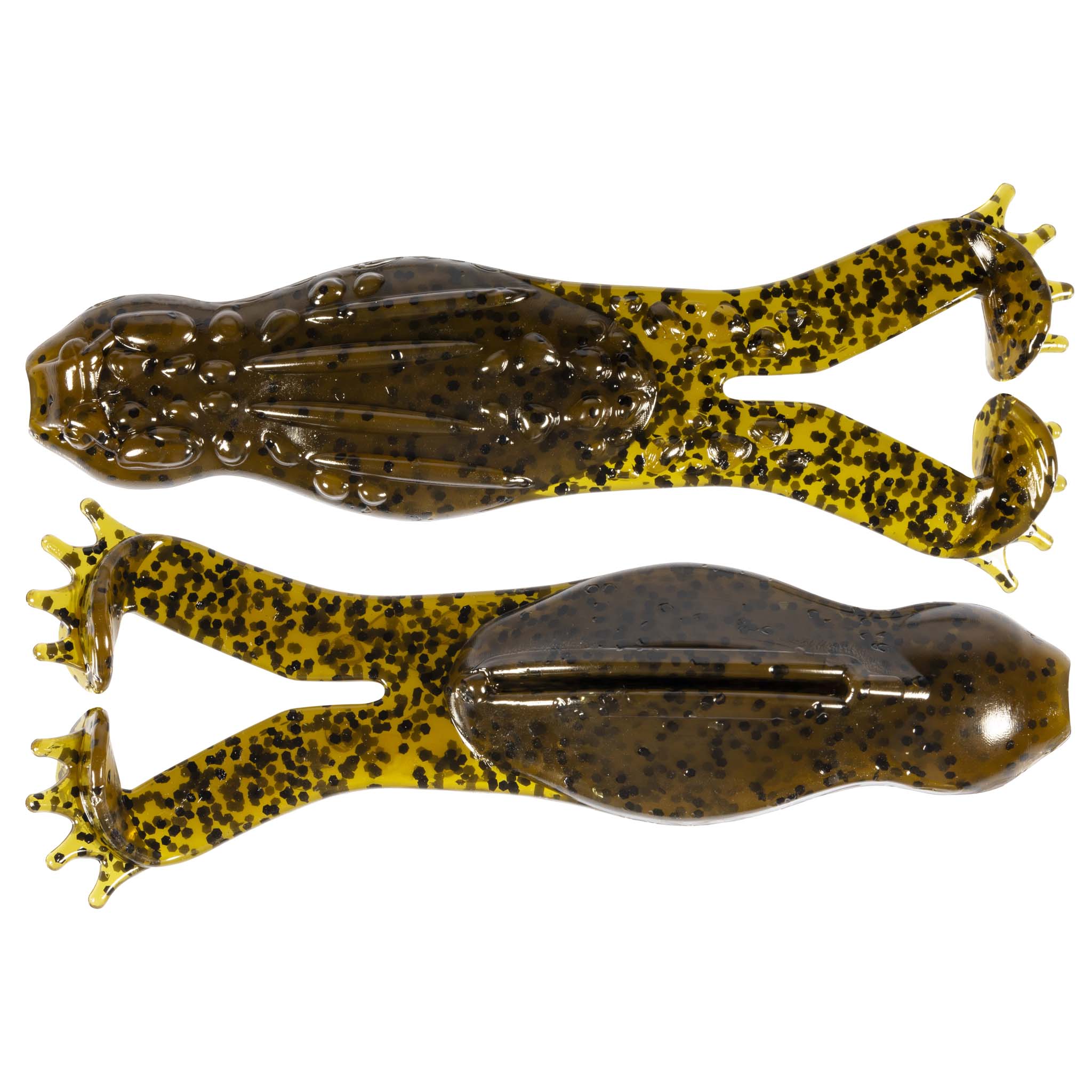 Brown mottled and gold-speckled soft plastic fishing lure set with split tail and nubs