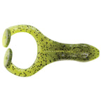 Neon green soft plastic frog lure with speckled spots and textured body