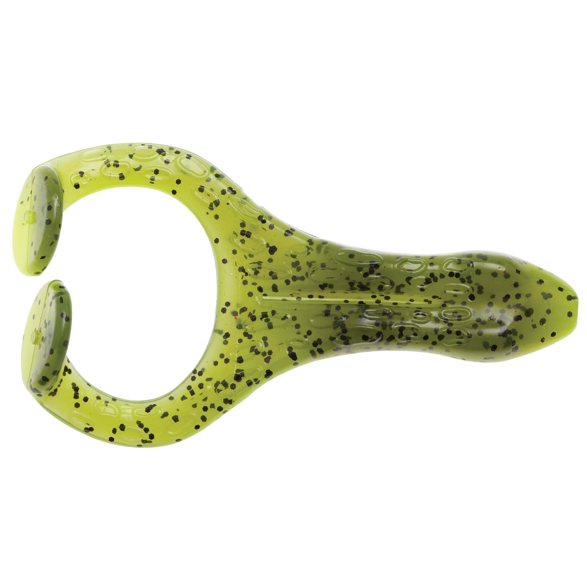 Neon green soft plastic frog lure with speckled spots and textured body