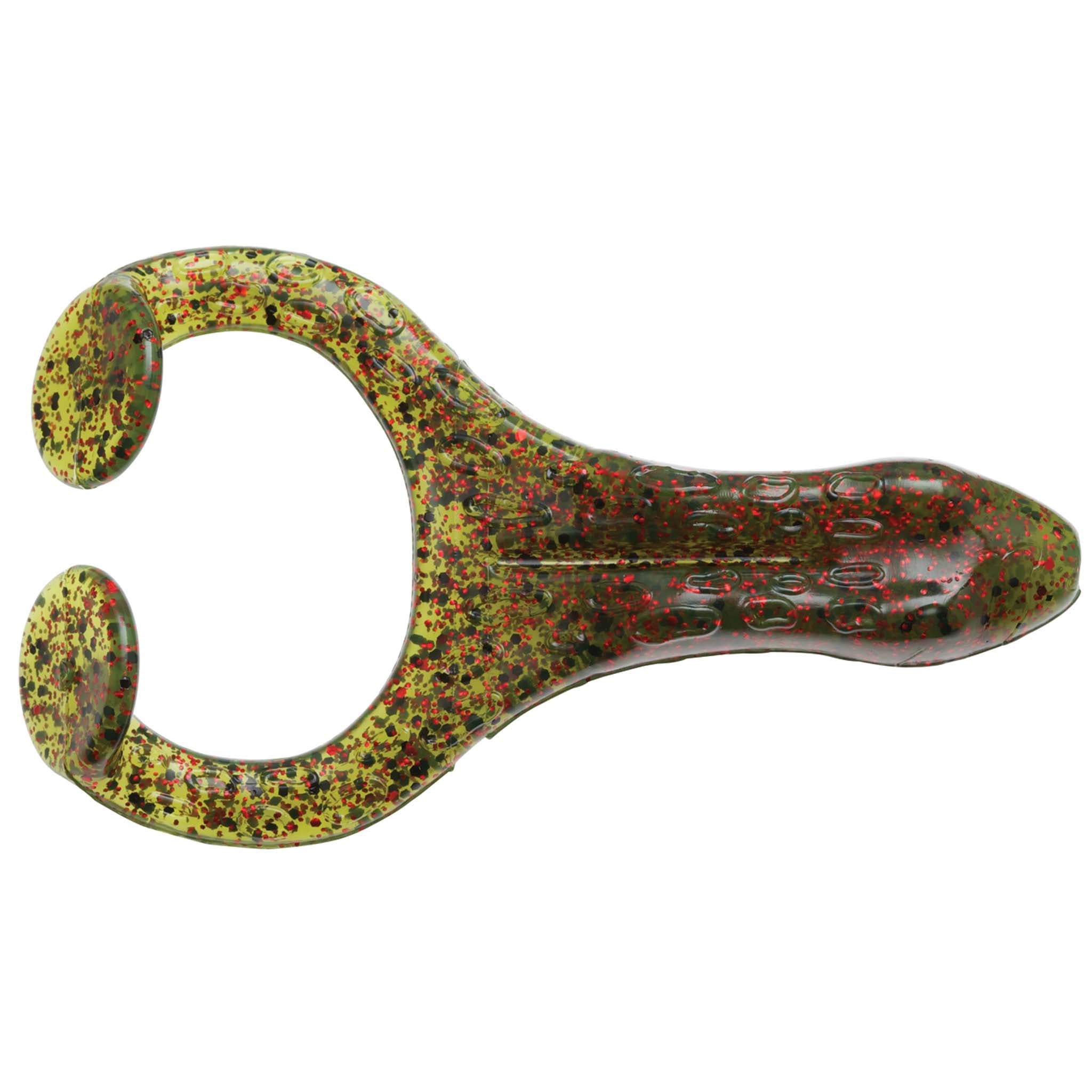 Speckled green and red soft plastic frog lure with textured, molded body