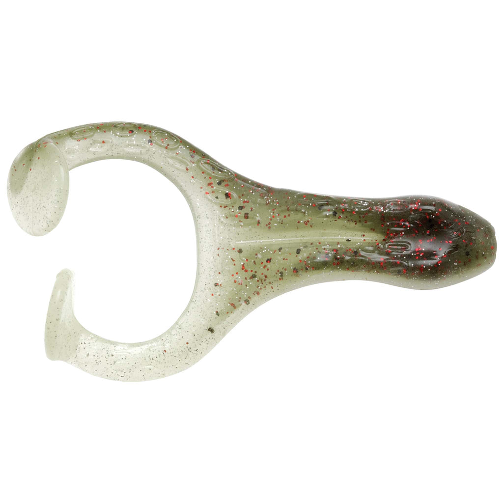 Light gray soft plastic frog lure with red flecks and molded, ridged texture