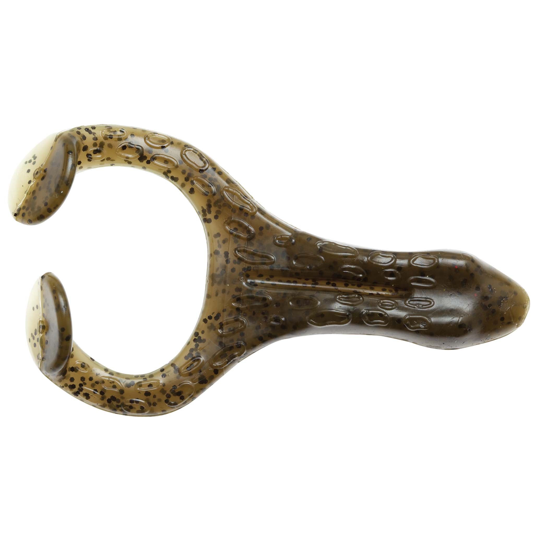Olive brown soft plastic frog lure with darker speckling and molded texture