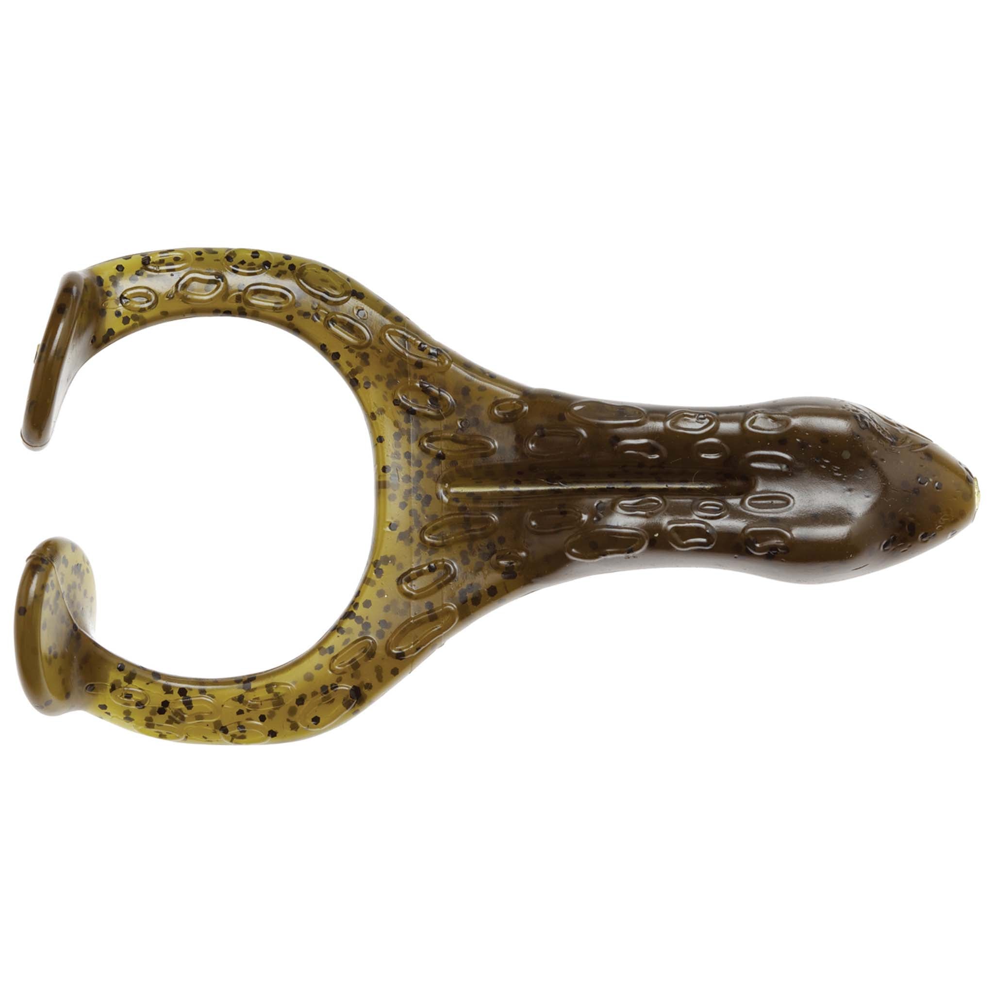 Brown soft plastic frog lure with speckled spots and ridged, molded texture