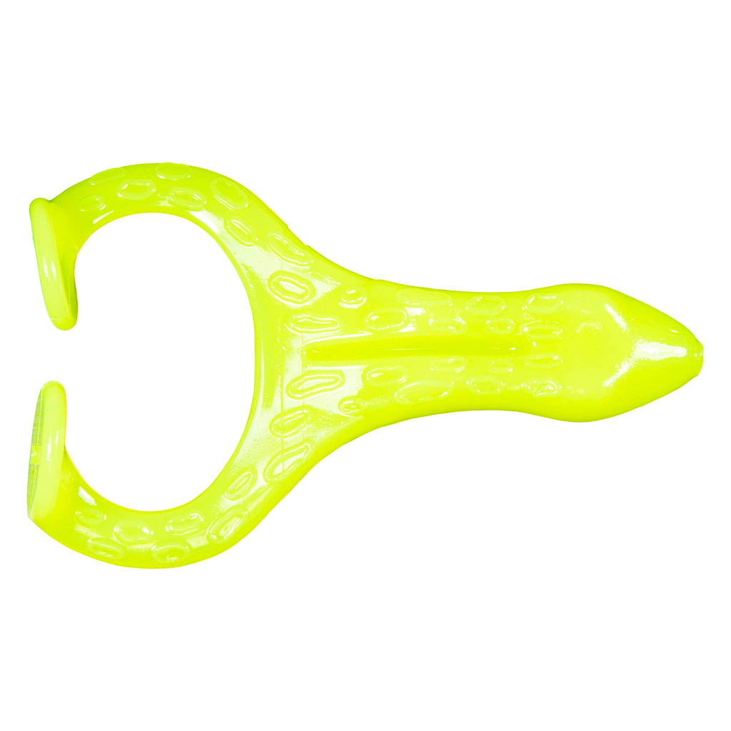 Bright chartreuse soft plastic frog lure with molded texture and looped legs