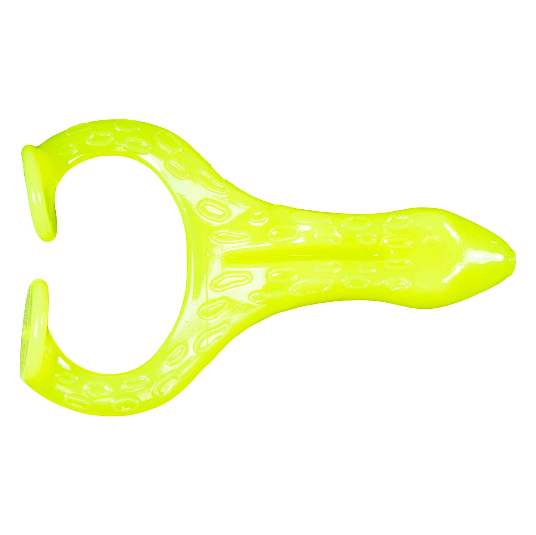 Bright chartreuse soft plastic frog lure with molded texture and looped legs