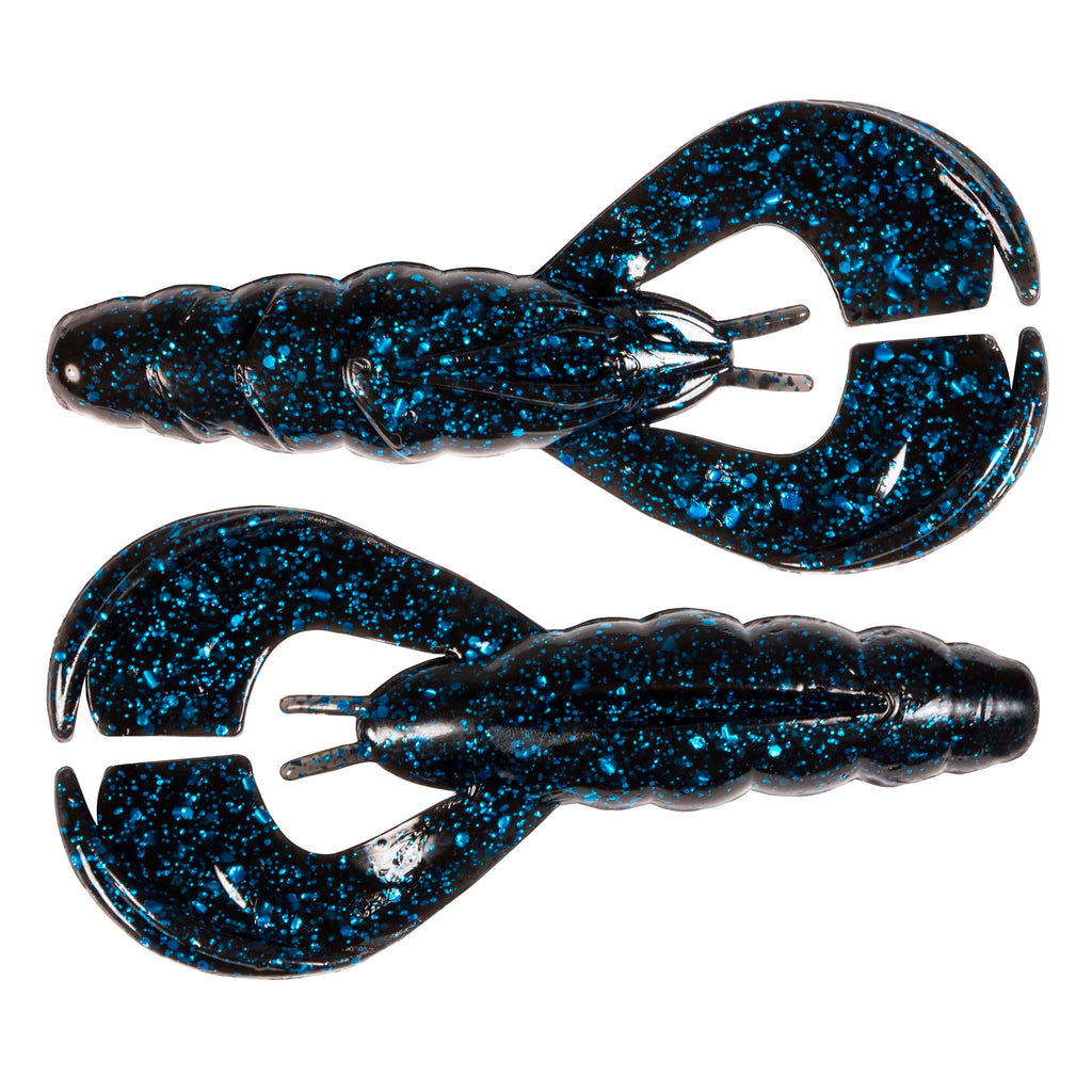 Blue glitter soft plastic craw lures set, two-prong heads, curved claws