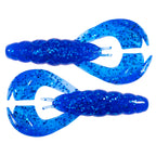 Blue glitter soft plastic craw lures set, two-prong heads, curved claws