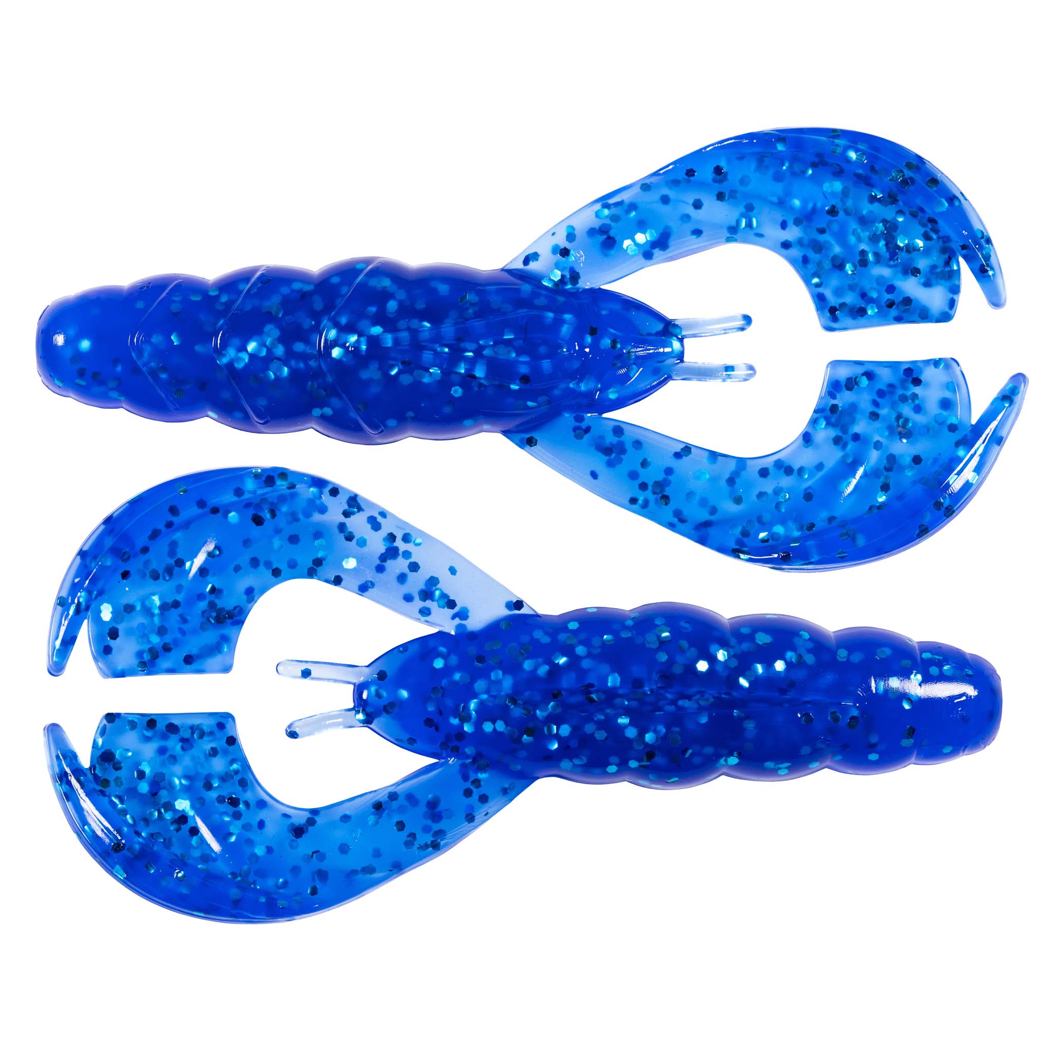 Blue glitter soft plastic craw lures set, two-prong heads, curved claws