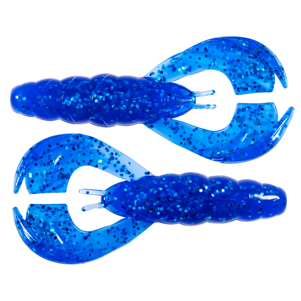 Bright blue glitter soft plastic craw lures set, two-prong heads, curved claws