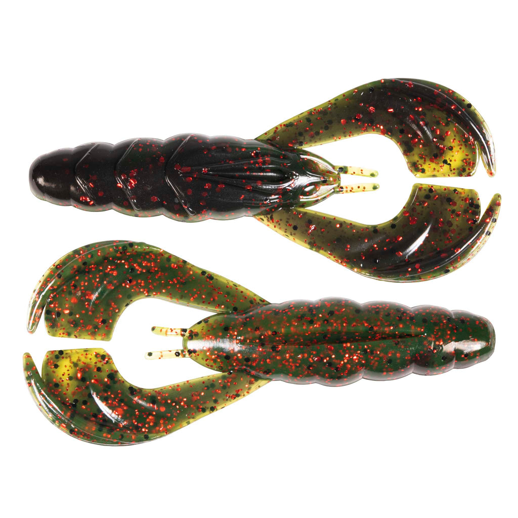 Black and chartreuse speckled soft plastic craw lure, two-prong head, curved tail