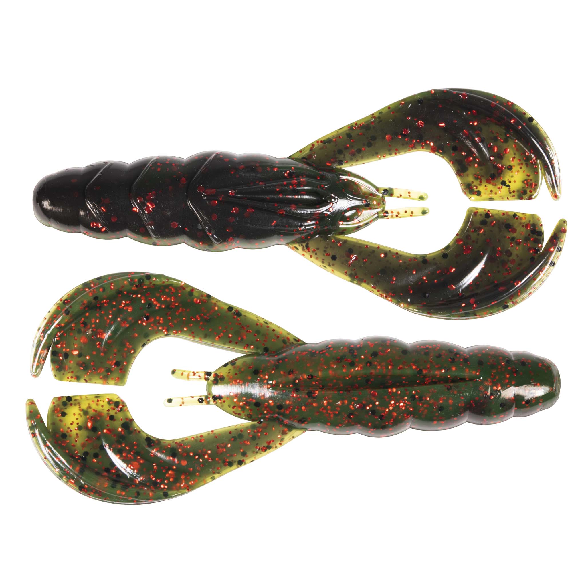 Black and chartreuse speckled soft plastic craw lure, two-prong head, curved tail