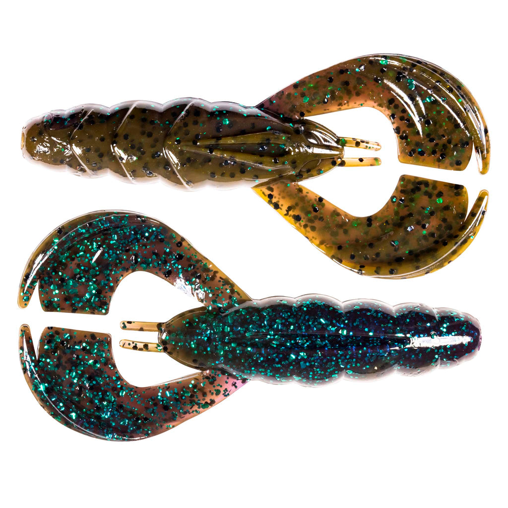 Olive-brown and dark teal speckled soft plastic craw lures set, two-prong heads