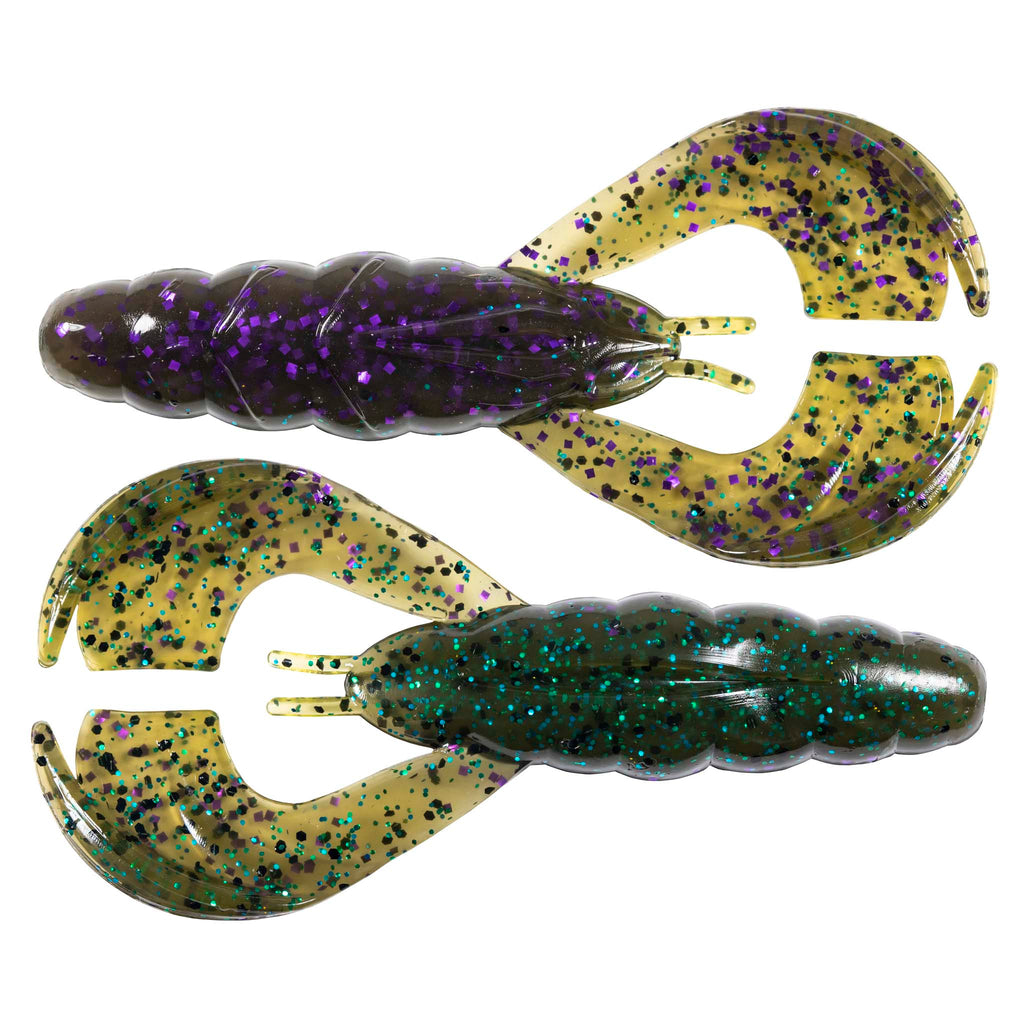 Purple-yellow speckled soft plastic craw lure, two-prong head, curved tail