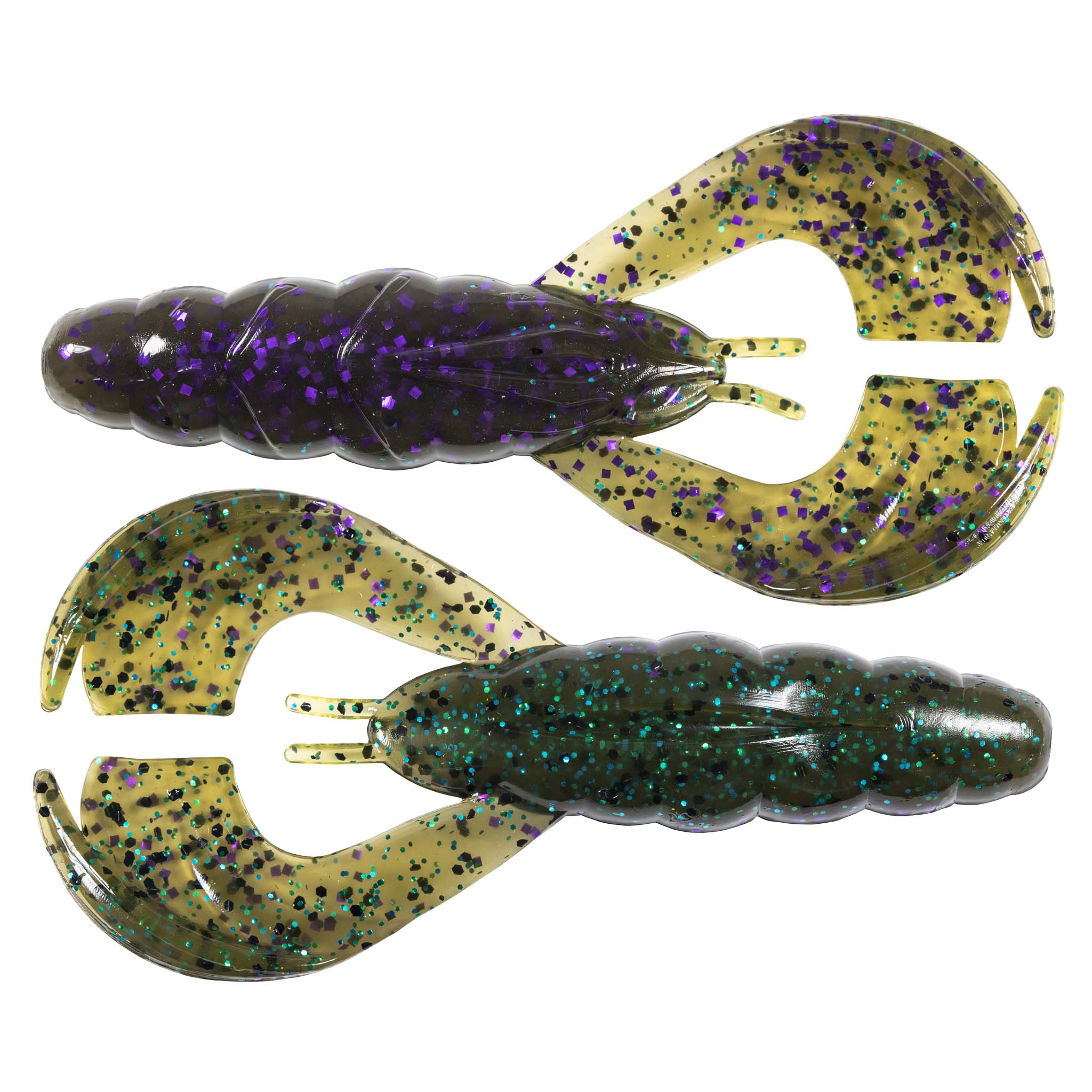 Purple-yellow speckled soft plastic craw lure, two-prong head, curved tail