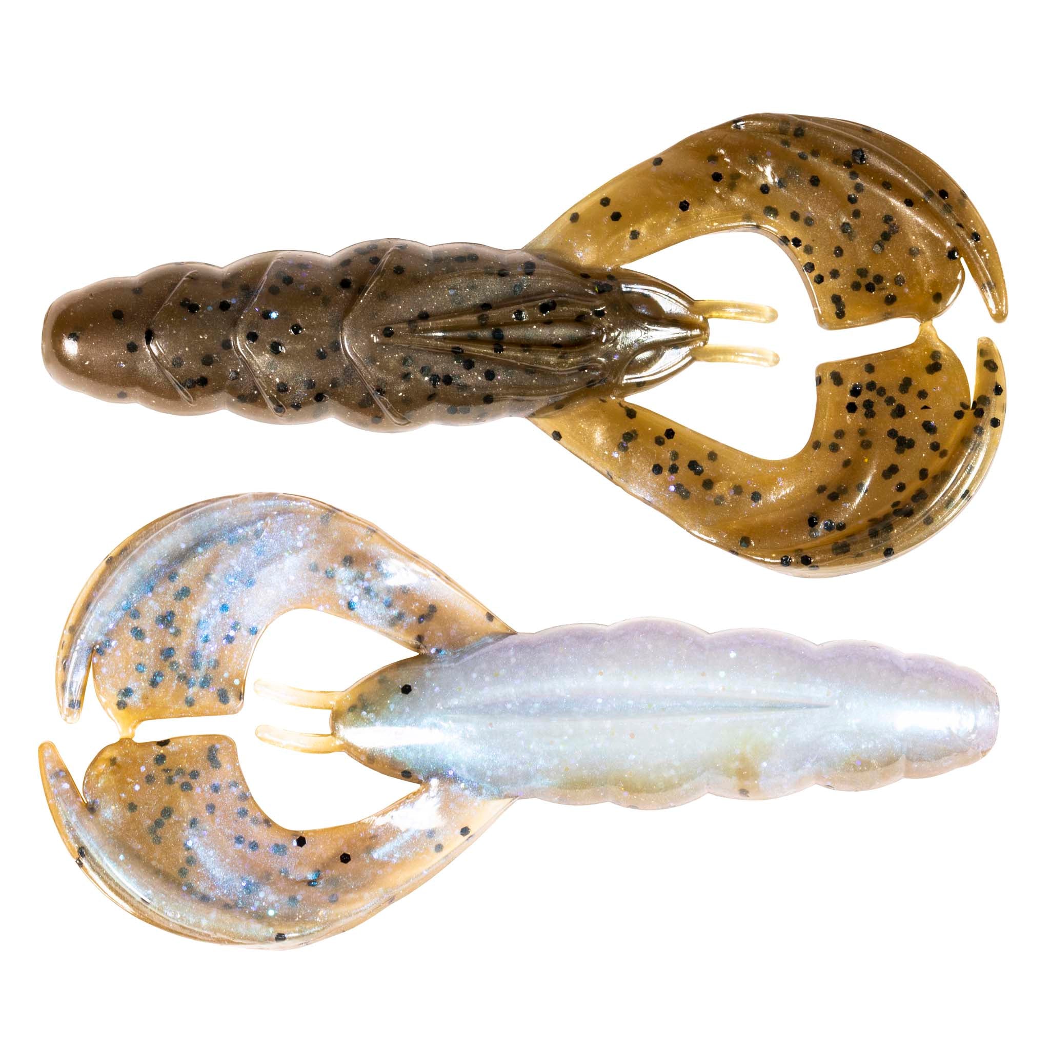 Two soft plastic craw lures: tan-gold and pale blue glitter, two-prong heads