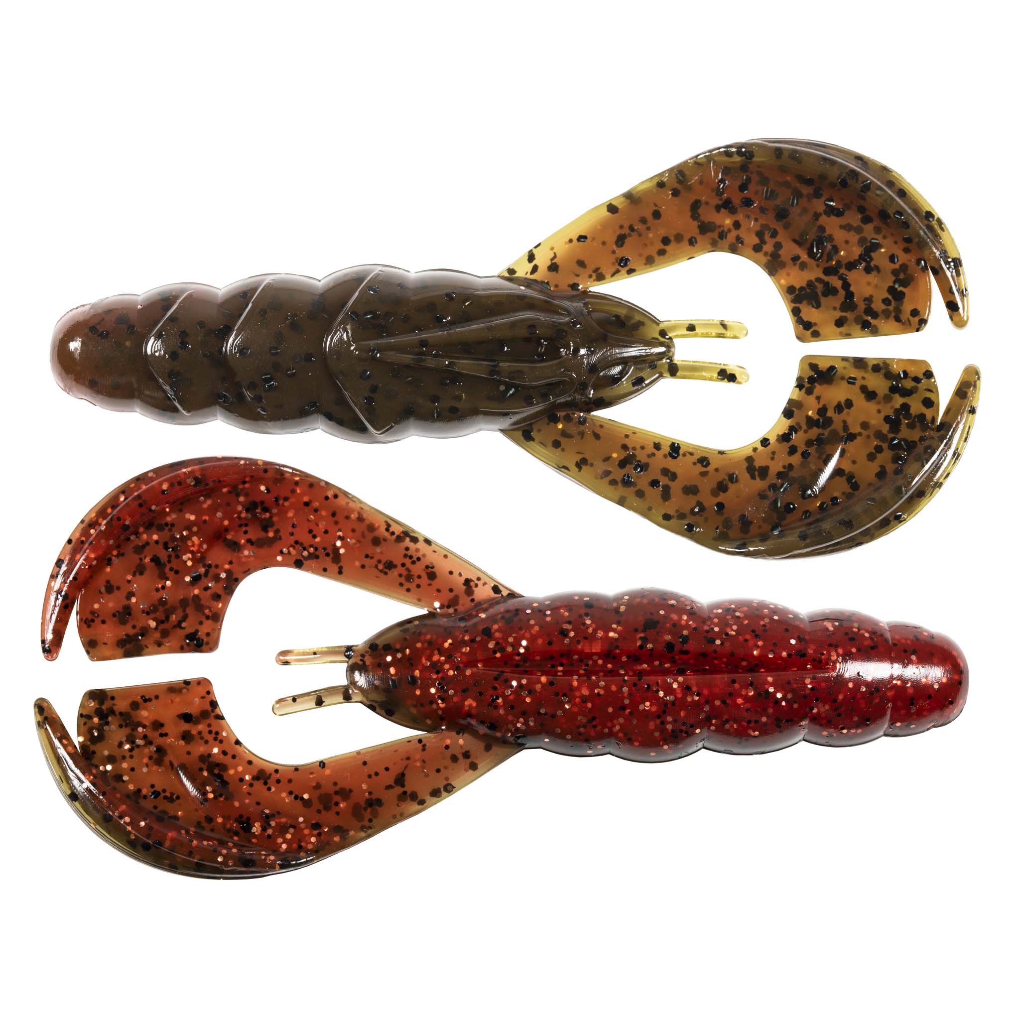 Dark brown and maroon speckled soft plastic craw lures set, two-prong heads