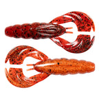 Red-orange glitter soft plastic craw lures set, two-prong heads, curved claws