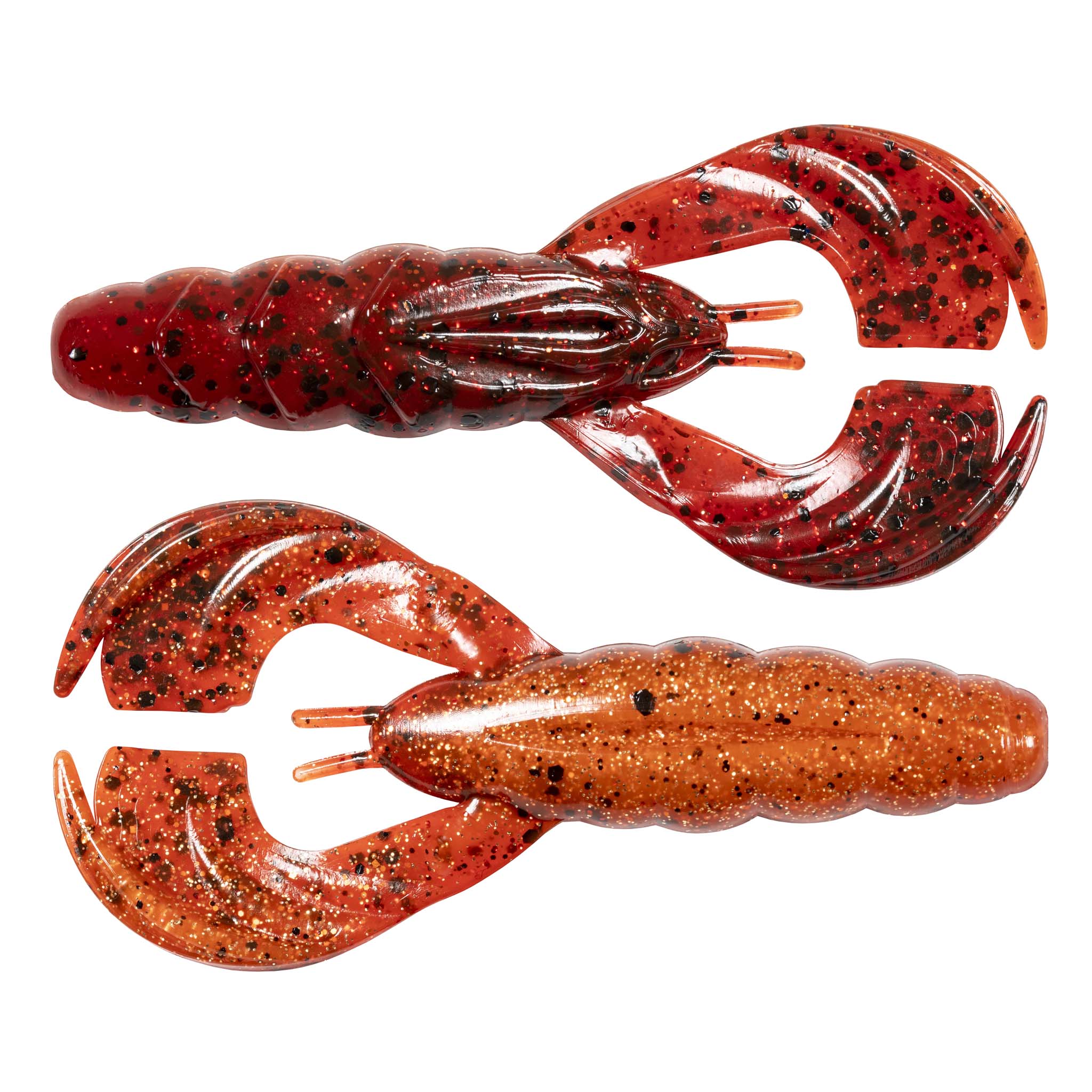 Red-orange glitter soft plastic craw lures set, two-prong heads, curved claws