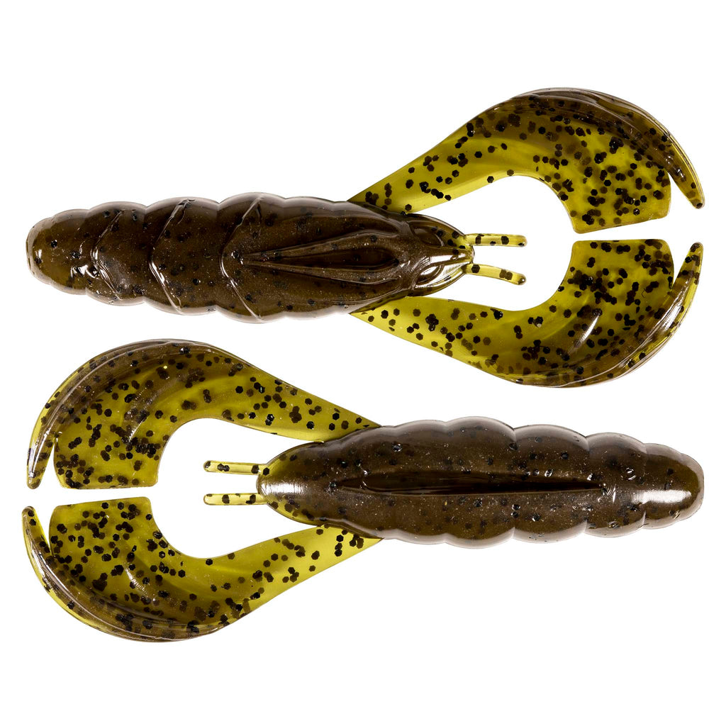 Brown-olive speckled soft plastic craw lures set, two-prong heads, curved claws