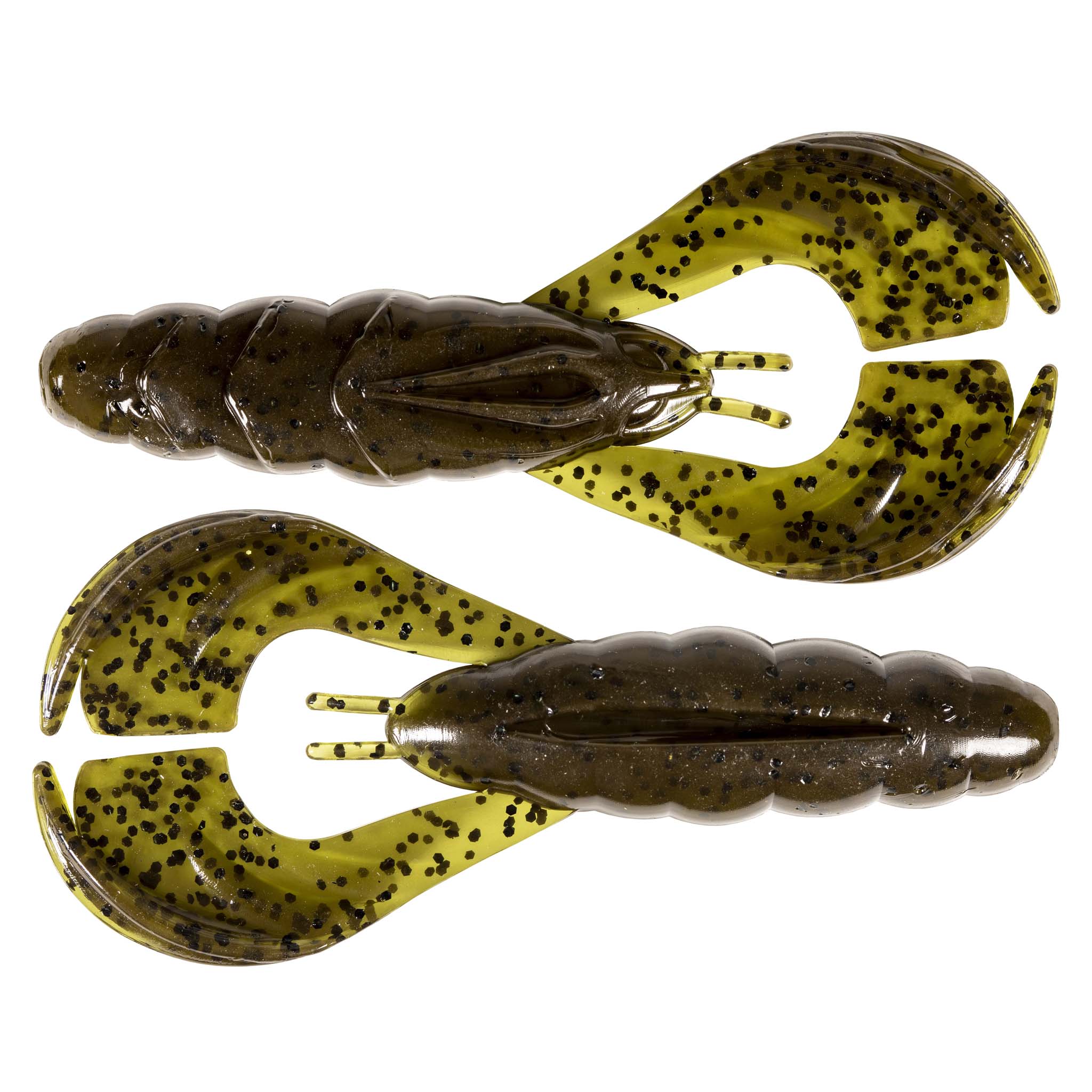 Brown-olive speckled soft plastic craw lures set, two-prong heads, curved claws