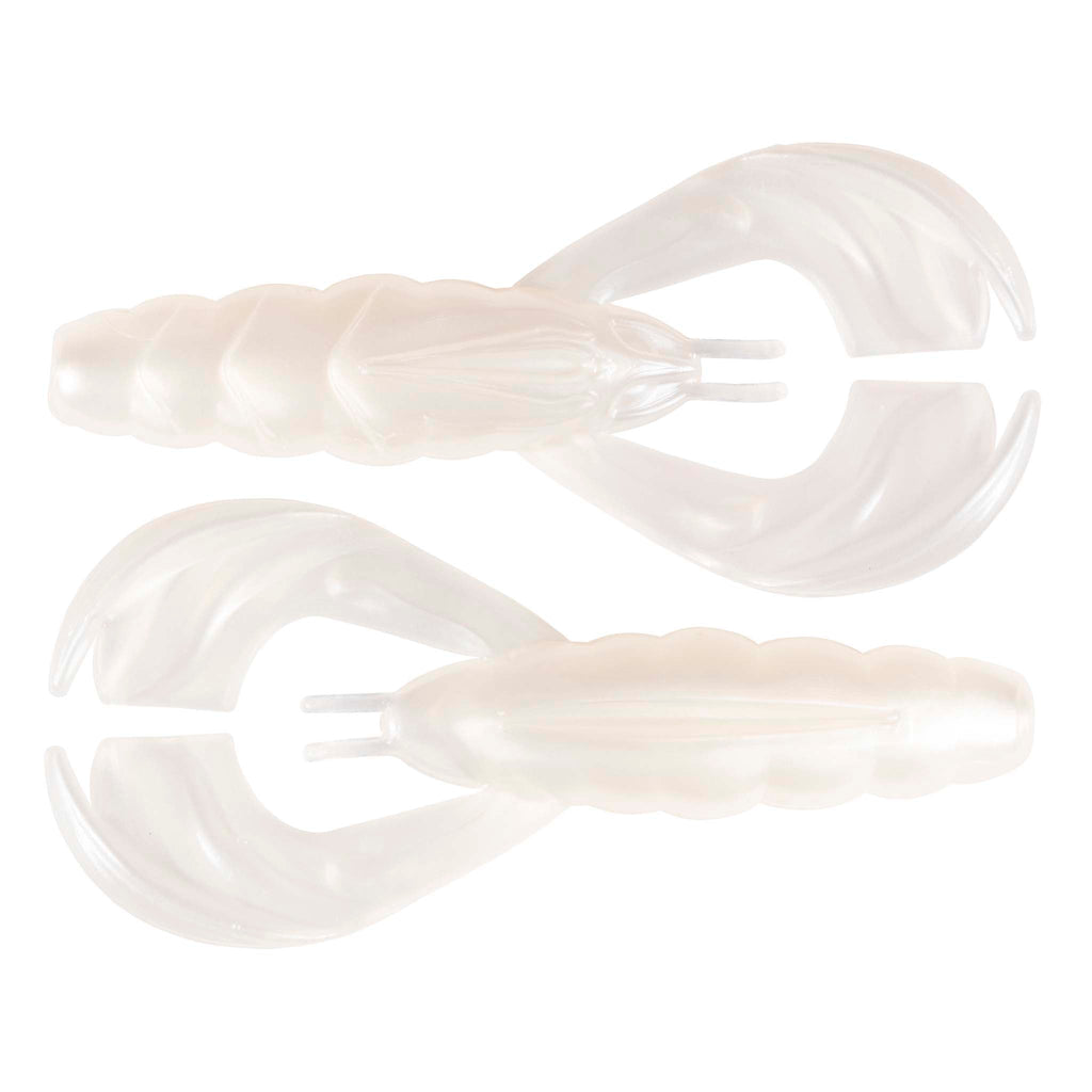 Soft plastic crawfish lure with translucent white body and two curled tails