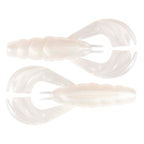 Soft plastic crawfish lure with translucent white body and two curled tails