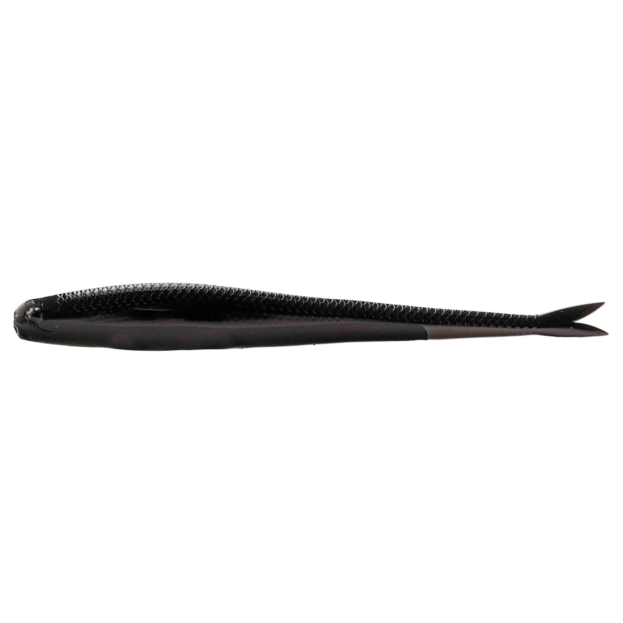 Black fishing lure with textured pattern and sharp pointed tail