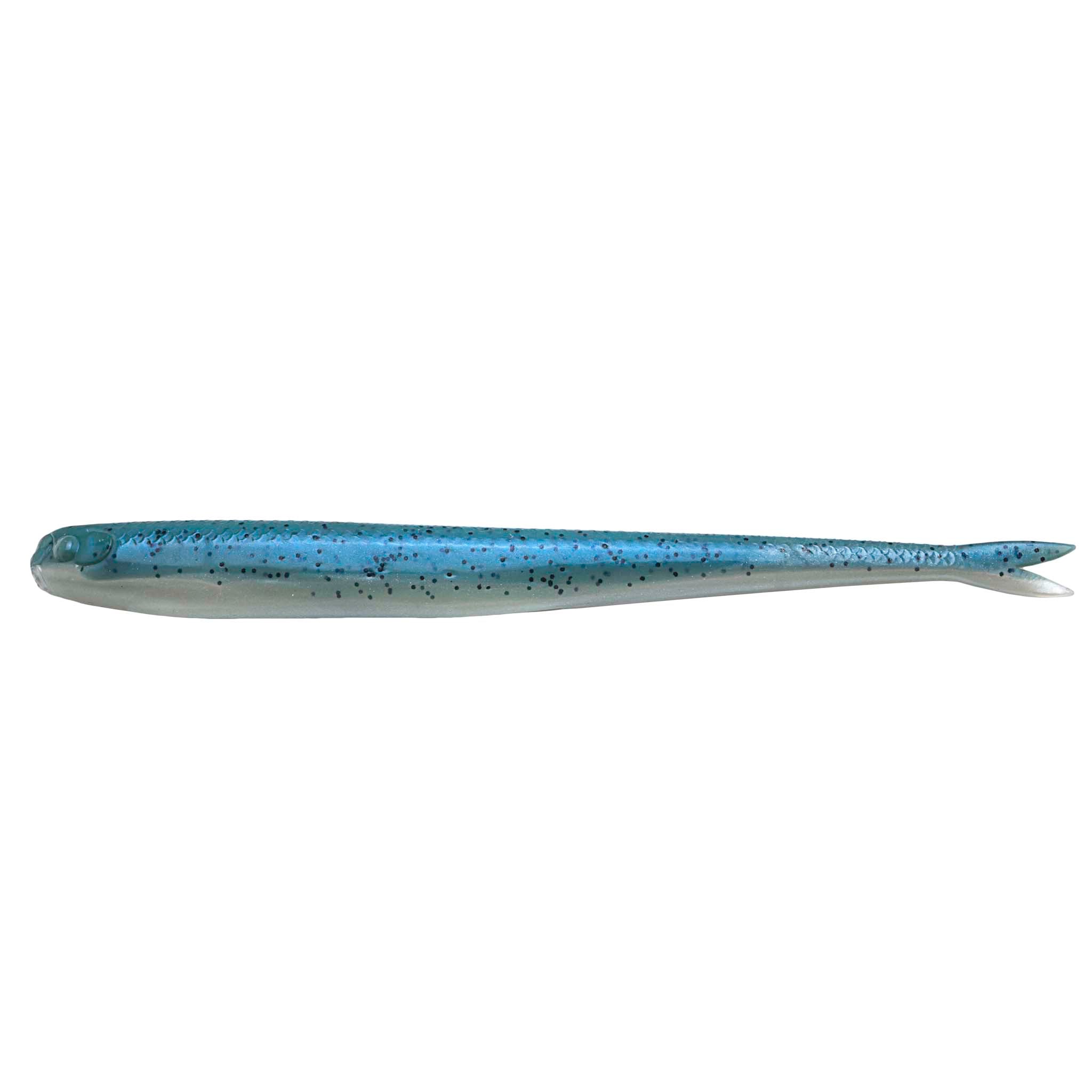 Blue teal fishing lure with speckled pattern and pointed tail