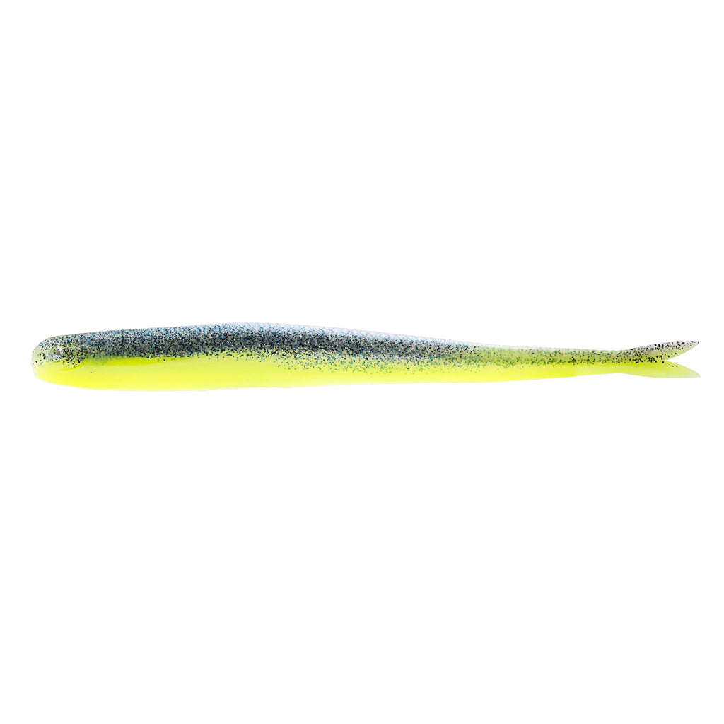 Yellow-green fishing lure with speckled texture and pointed tail