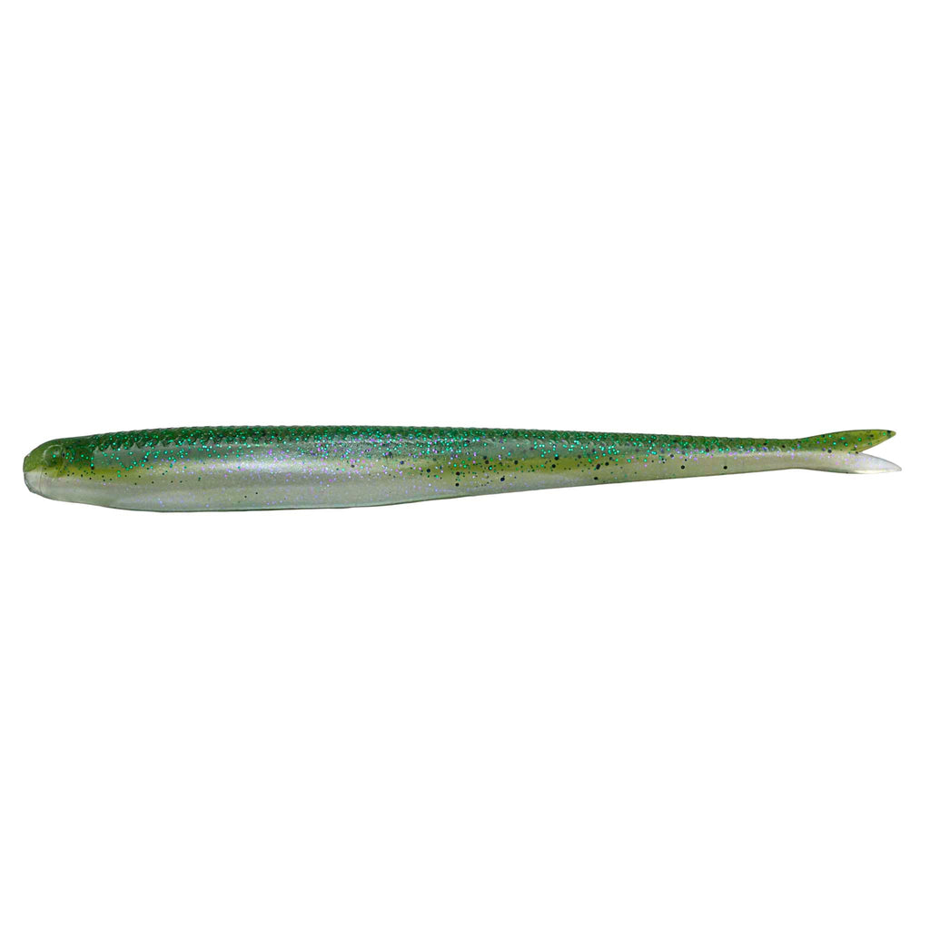 Green fishing lure with speckled scale pattern and pointed tail