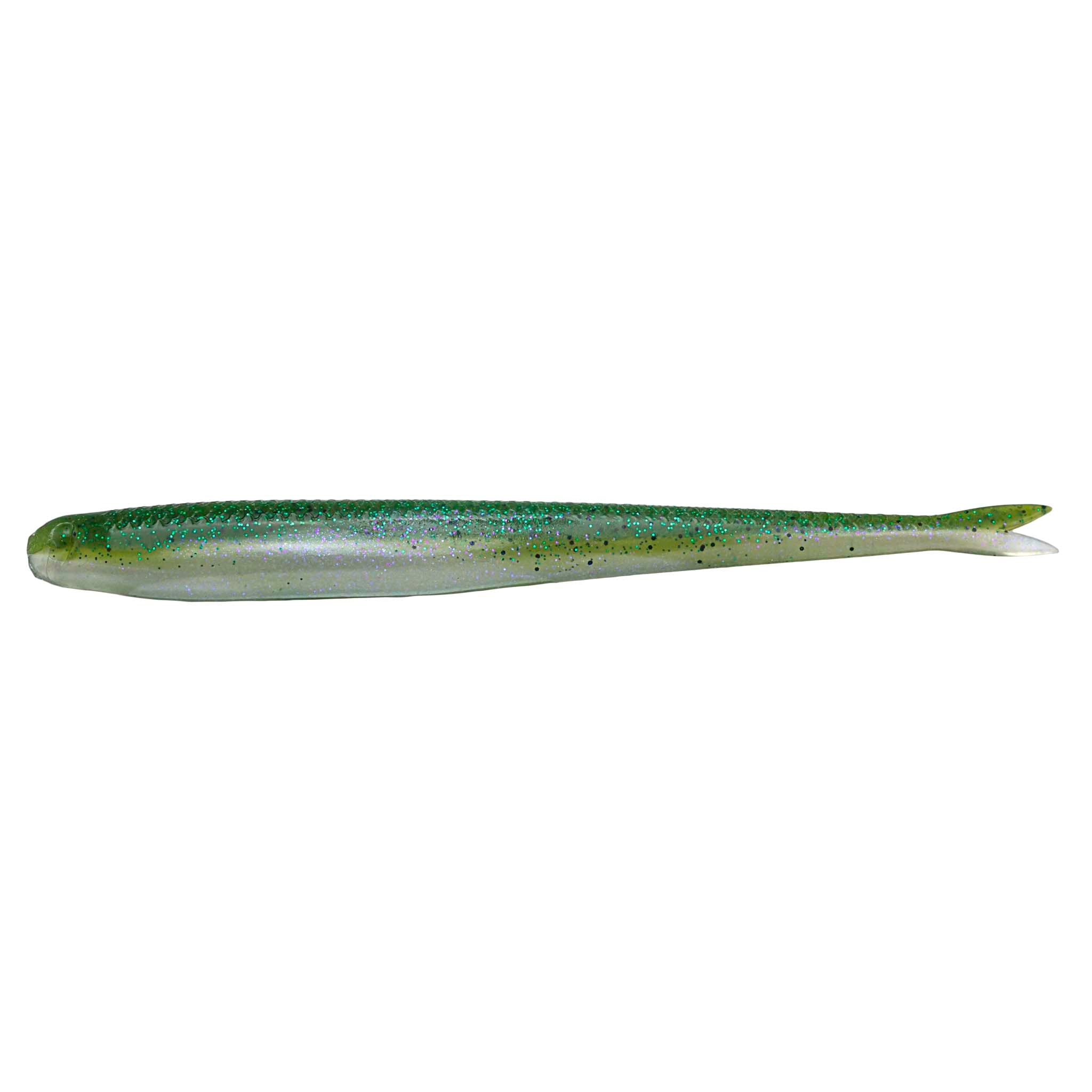 Green fishing lure with speckled scale pattern and pointed tail