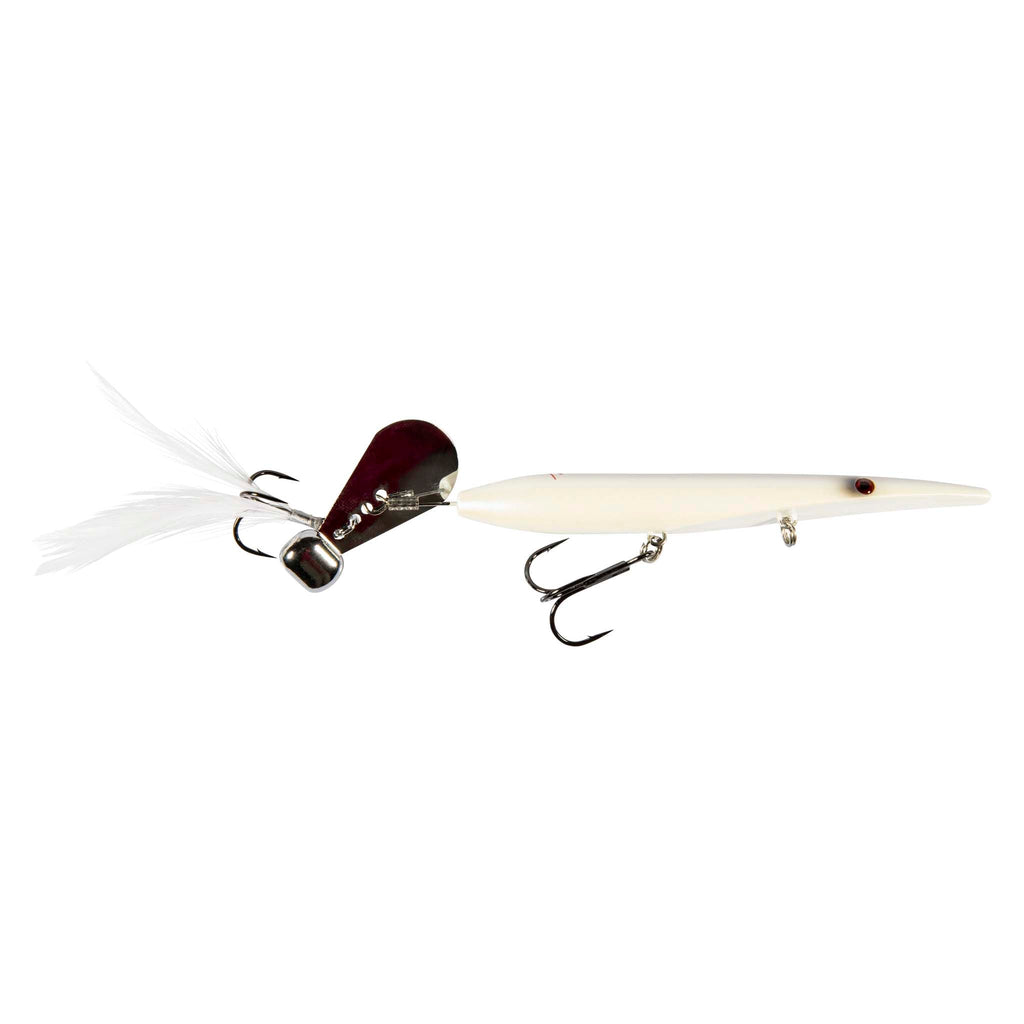 White minnow-style fishing lure with red lip, white feather tail, treble hooks