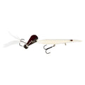 White minnow-style fishing lure with red lip, white feather tail, treble hooks