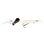 White minnow-style fishing lure with red lip, white feather tail, treble hooks