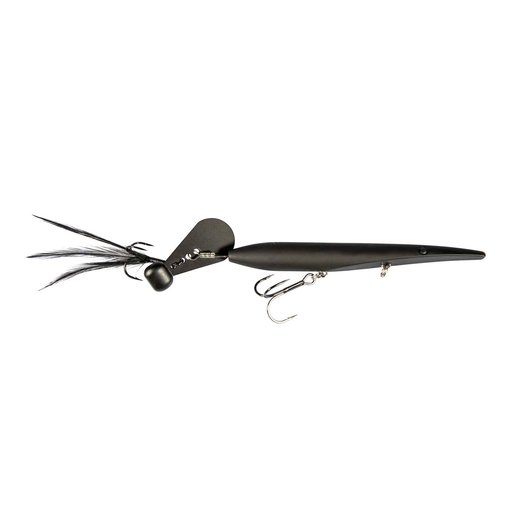 Black minnow-style fishing lure with white feather tail and treble hooks