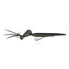 Black minnow-style fishing lure with white feather tail and treble hooks