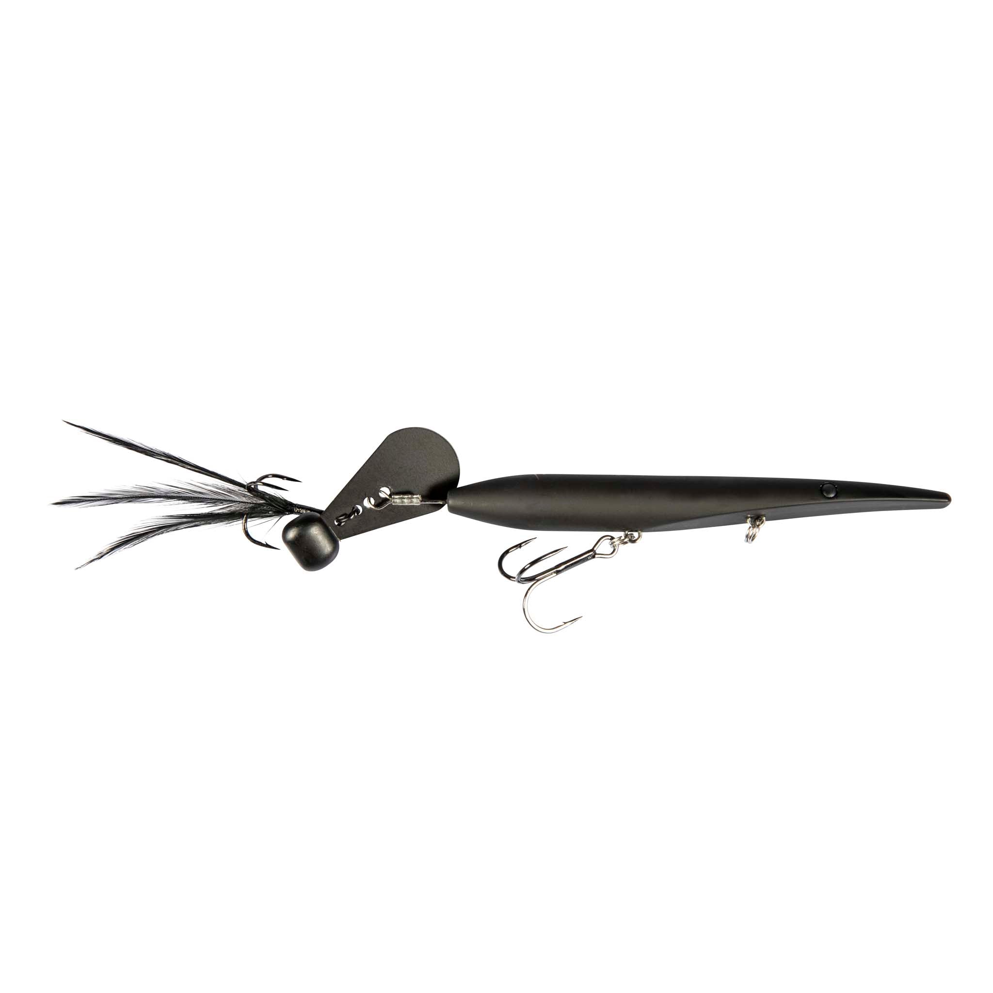 Black minnow-style fishing lure with white feather tail and treble hooks