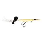 Light tan minnow-style fishing lure with white feather tail, black head, treble hooks