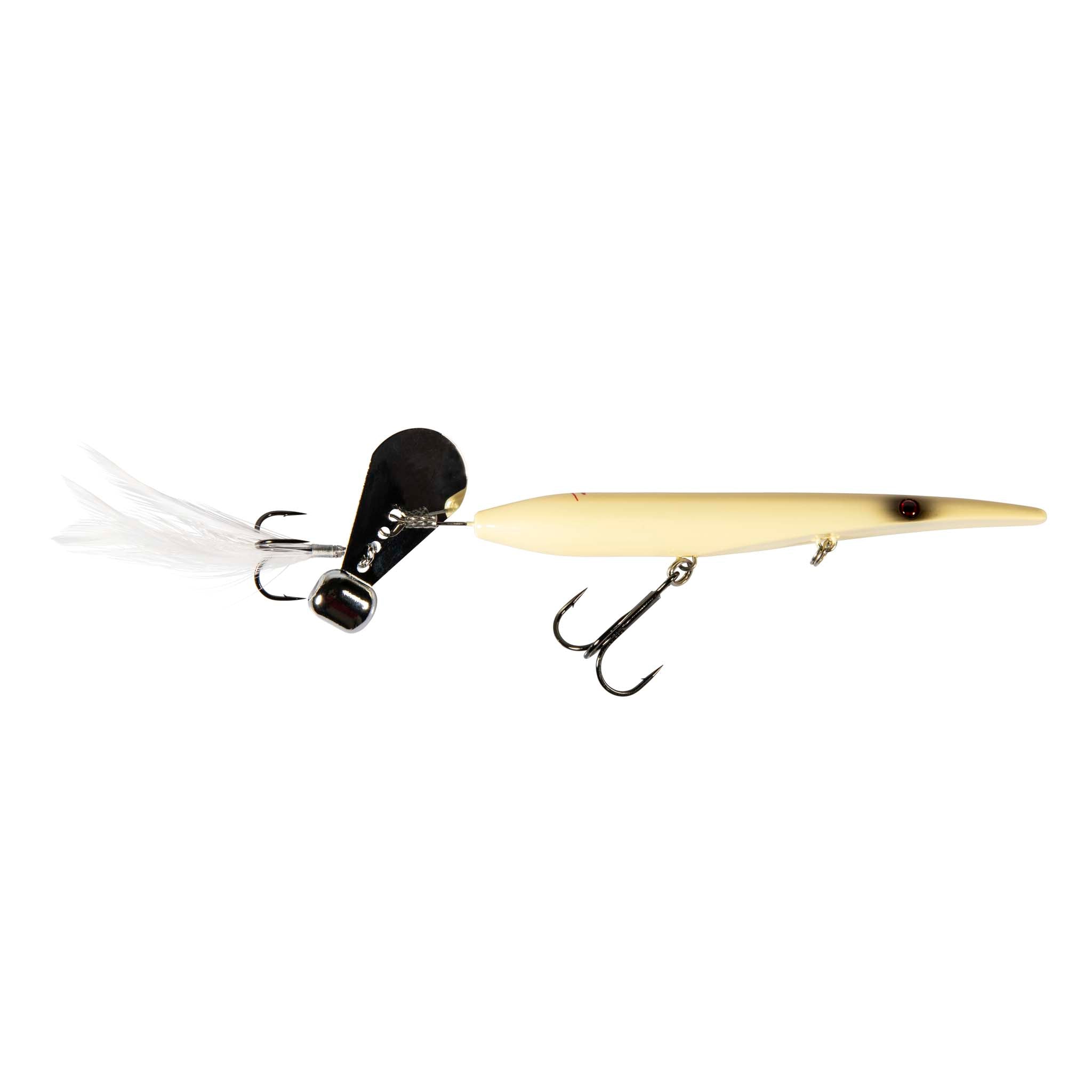 Light tan minnow-style fishing lure with white feather tail, black head, treble hooks