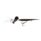 Dark minnow-style fishing lure with brown head, white feather tail, treble hooks