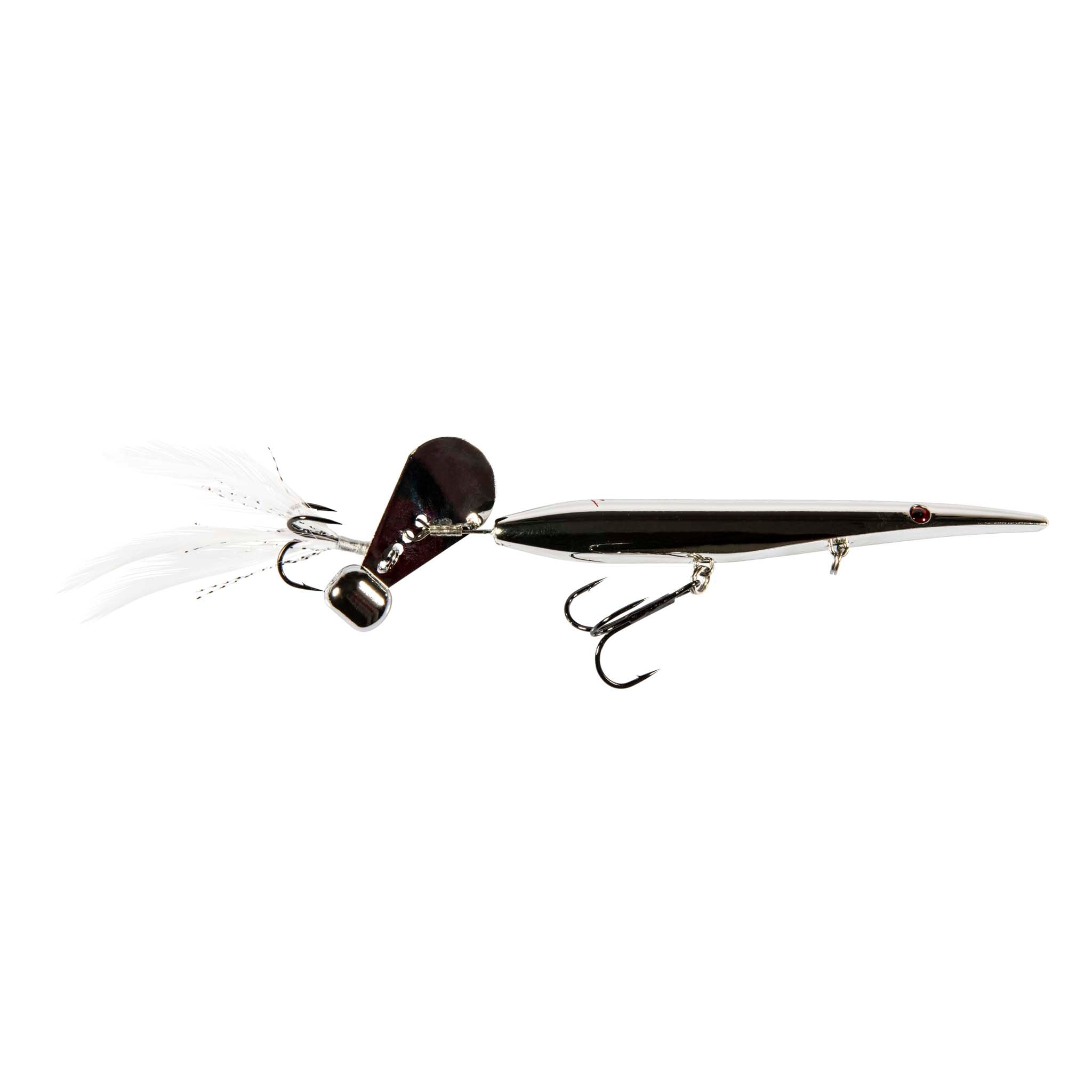 Dark minnow-style fishing lure with brown head, white feather tail, treble hooks
