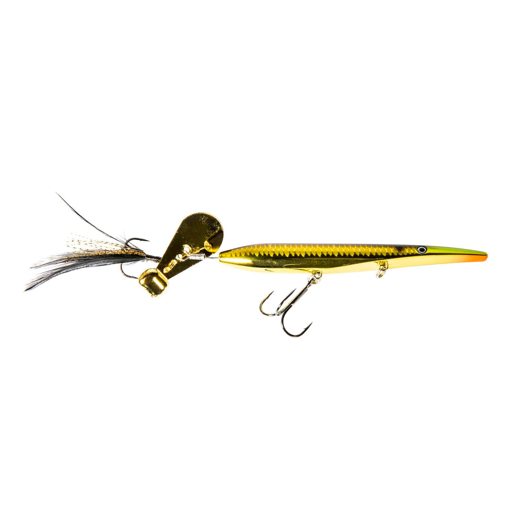 Gold minnow-style fishing lure with white feather tail, treble hooks