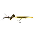 Gold minnow-style fishing lure with white feather tail, treble hooks