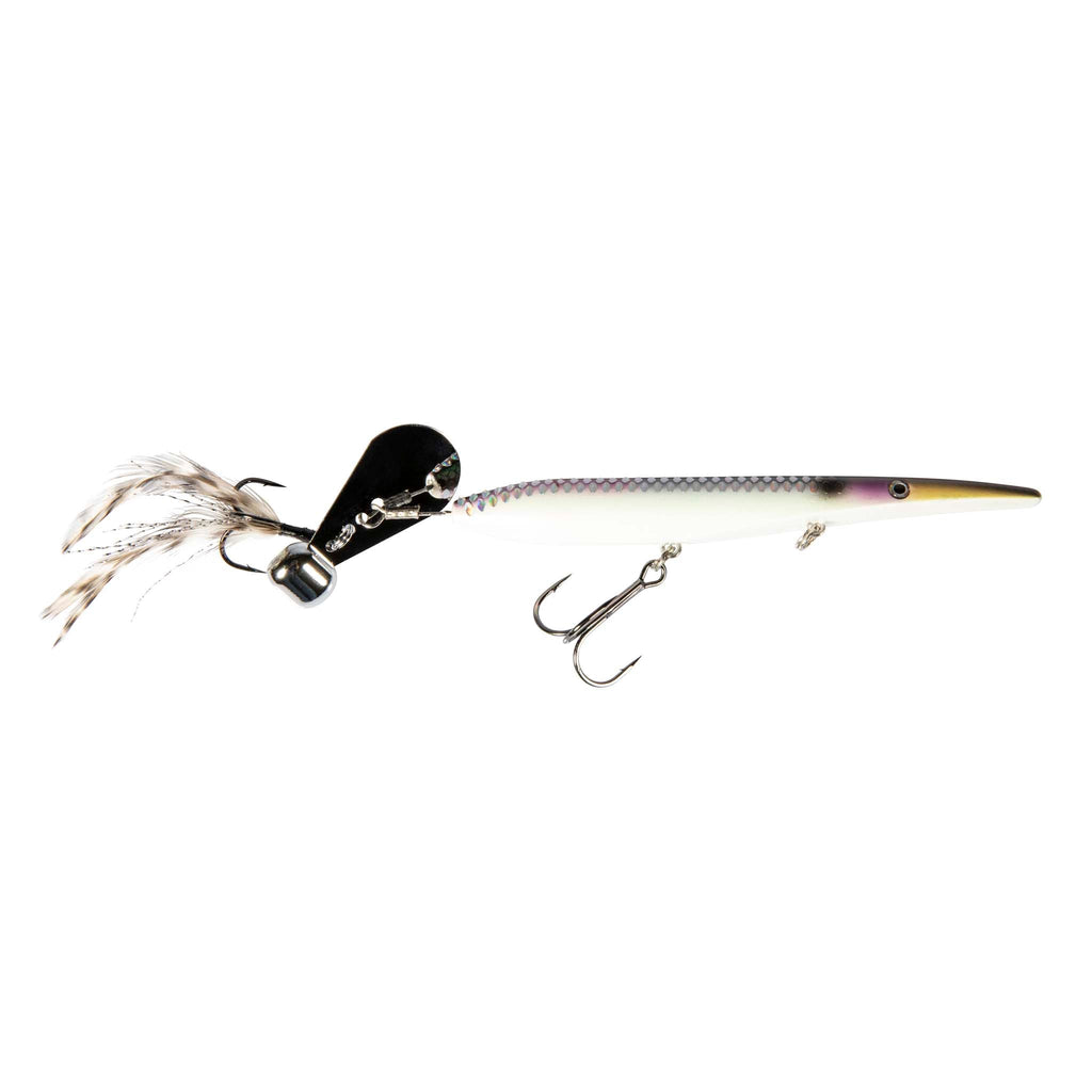 Iridescent minnow-style fishing lure with black head, white feather tail, treble hooks