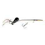 Iridescent minnow-style fishing lure with black head, white feather tail, treble hooks