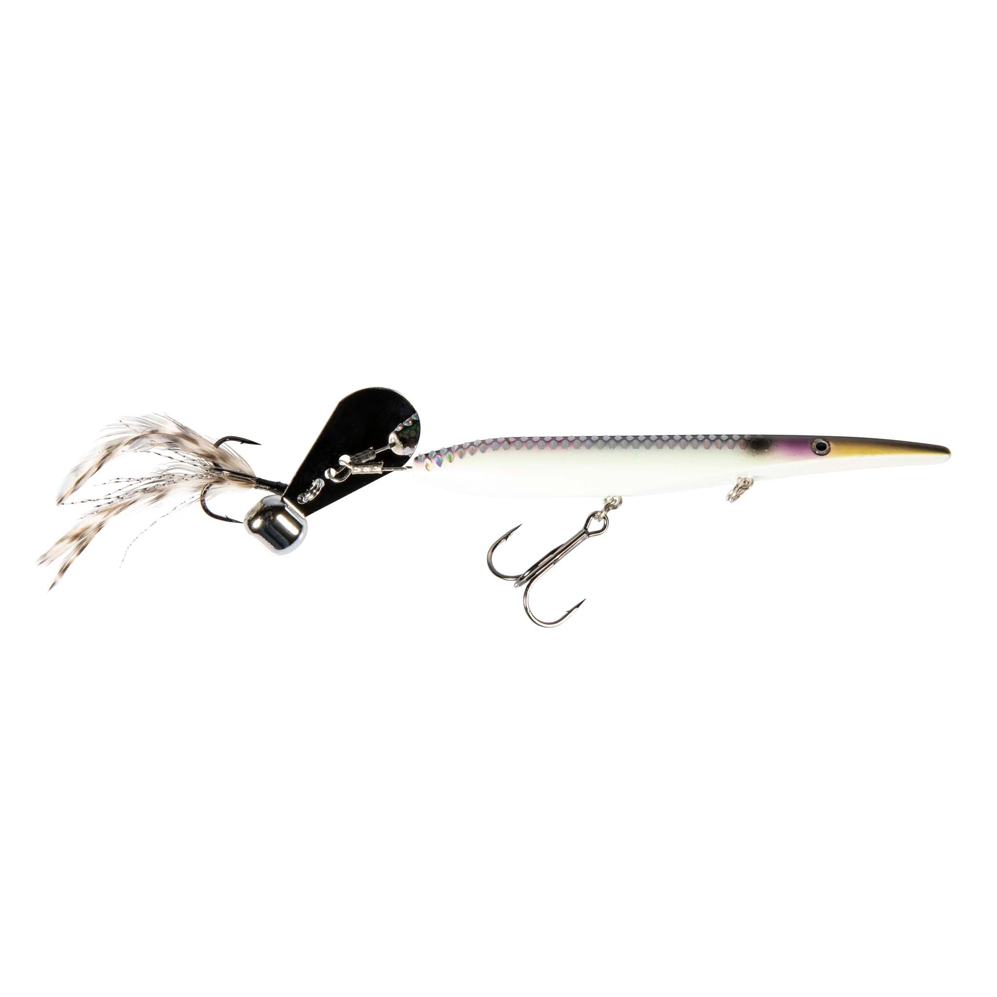 Iridescent minnow-style fishing lure with black head, white feather tail, treble hooks