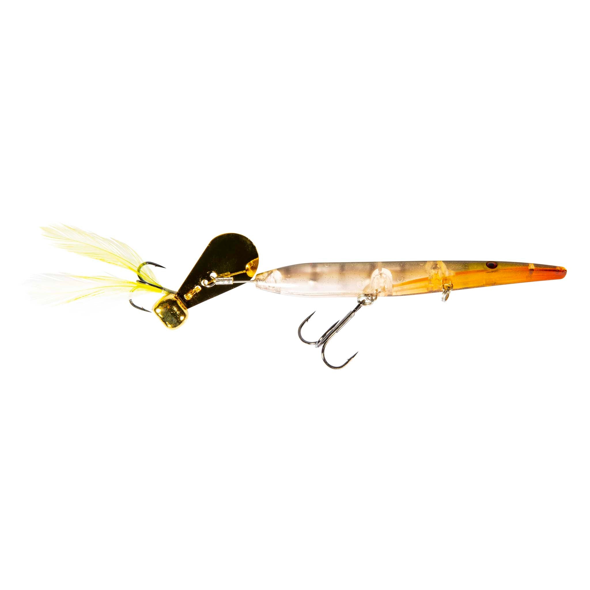 Orange minnow-style fishing lure with gold head, yellow feather tail, treble hooks