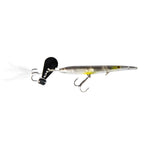 Clear minnow-style fishing lure with black head, white feather tail, treble hooks