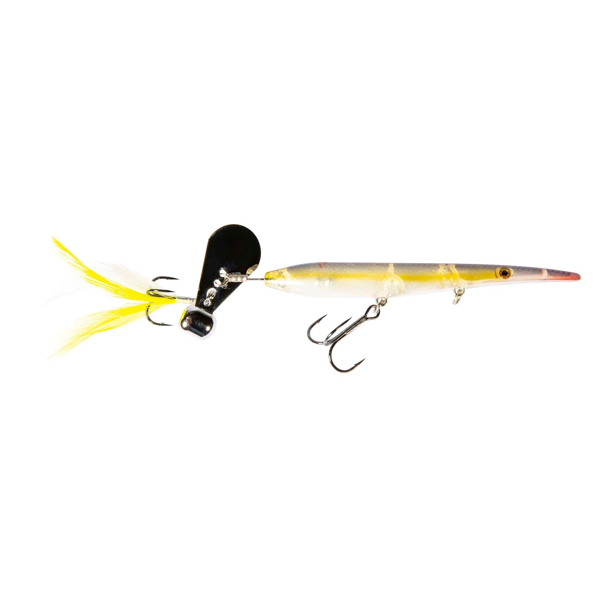 Translucent minnow-style fishing lure with yellow feather tail and treble hooks
